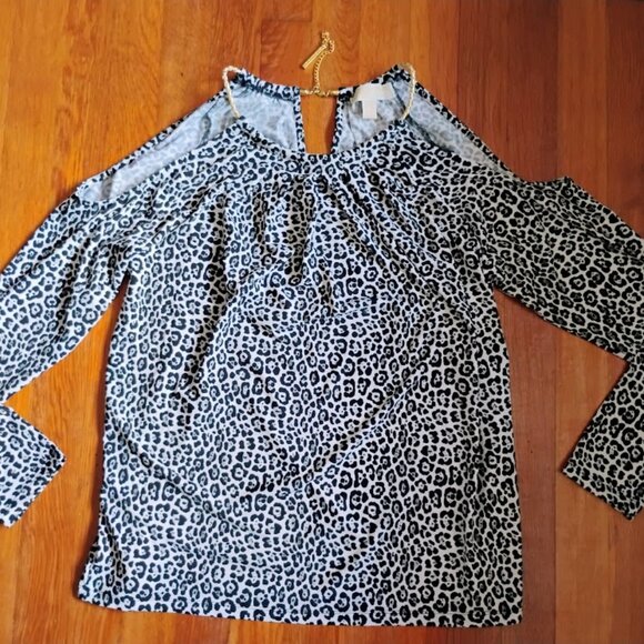 Michael Kors Leopard Print Cold Shoulder Top with Gold Chain Keyhole Back Sz M - Picture 1 of 6